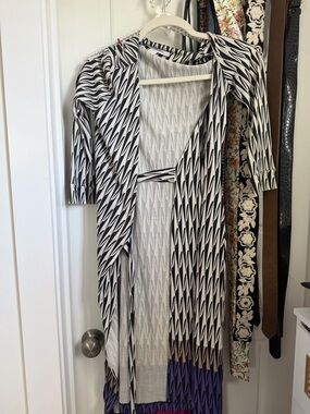 Diane Von Furstenberg Black and White Striped Geometric Wrap Dress